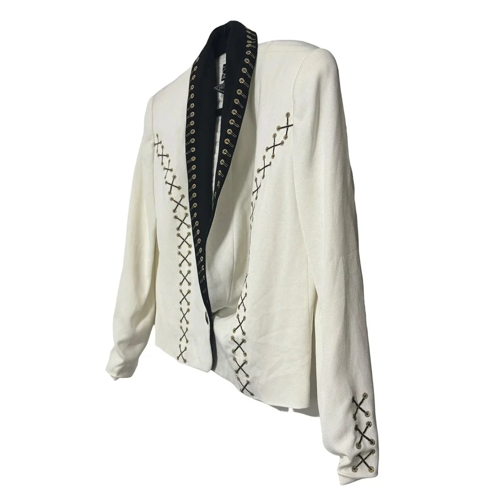 Suzelle VTG Cream Black Embroidered Lace up Blazer sz4 Shawl Collar Western Glam